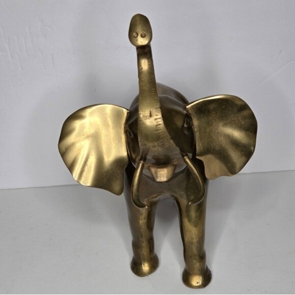 Vintage Mid Century Solid Brass Elephant Figurine Trunks Up Good Luck Decor 13" - Picture 8 of 11